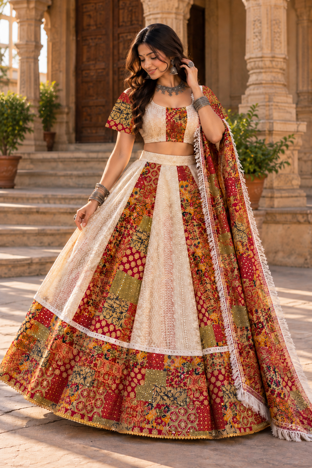Ivory Mirror Work Lehenga