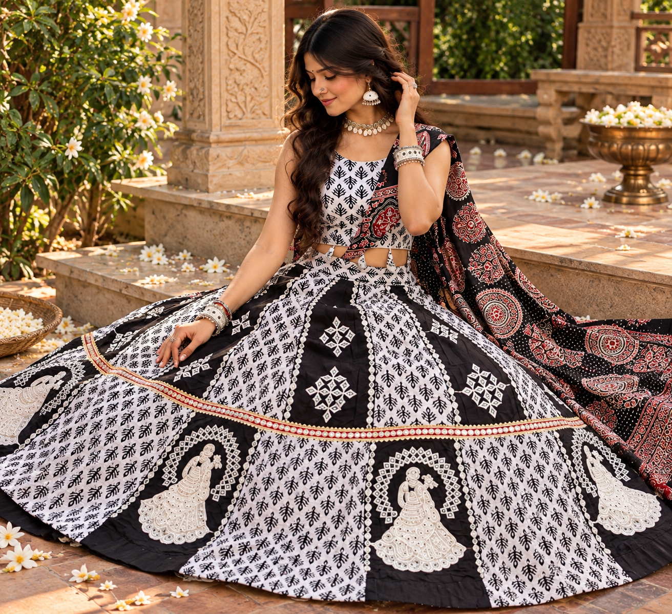 Black and Ivory Folk Lehenga