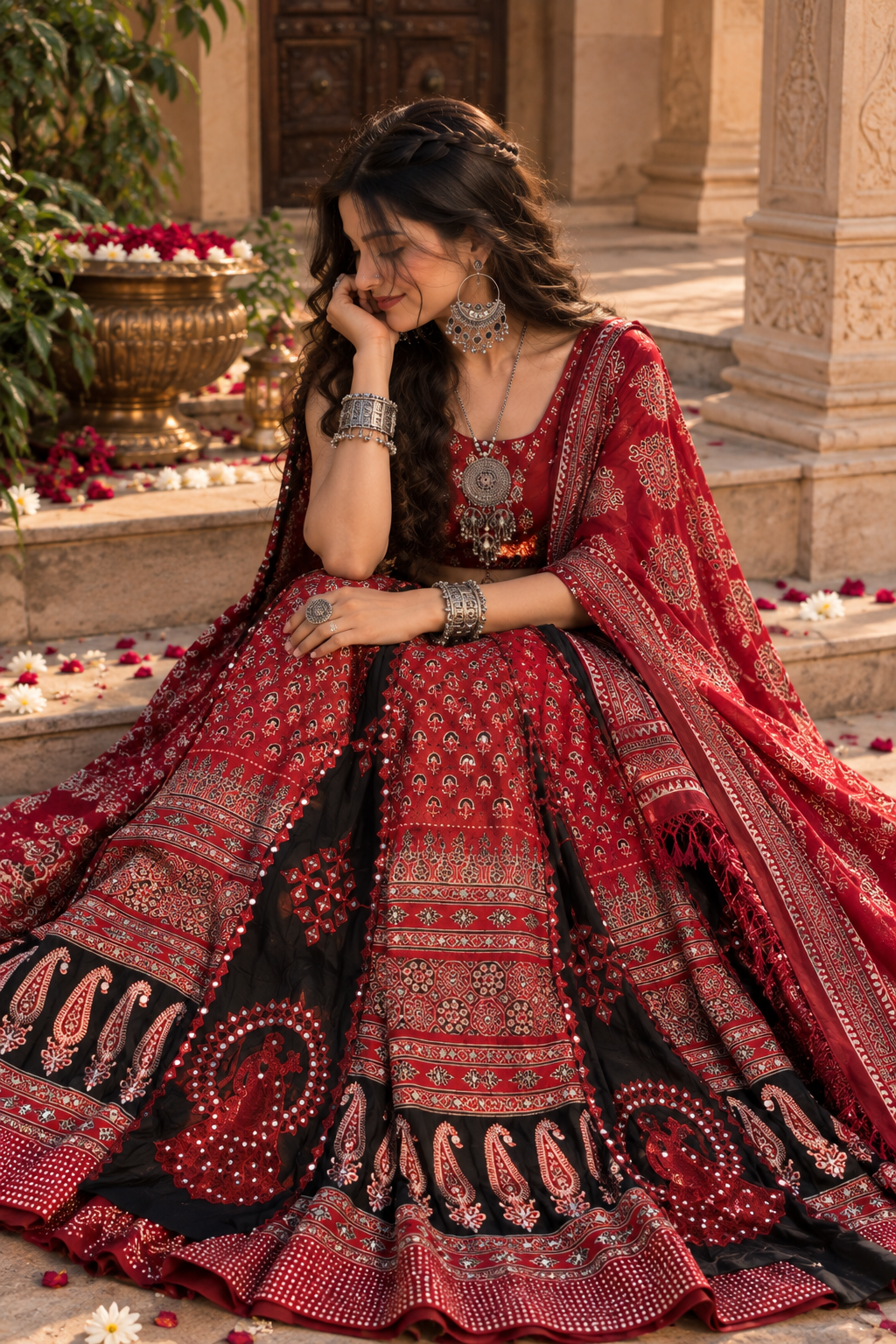 Crimson and Black Printed Lehenga
