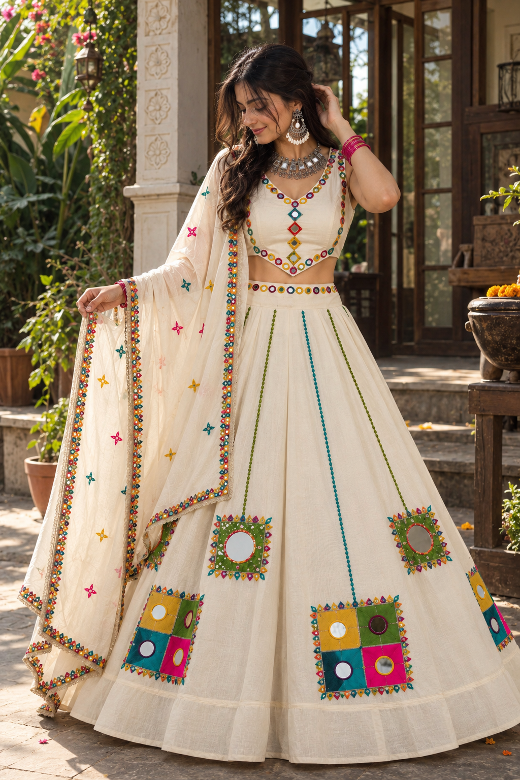 Off White Mirror Work Lehenga