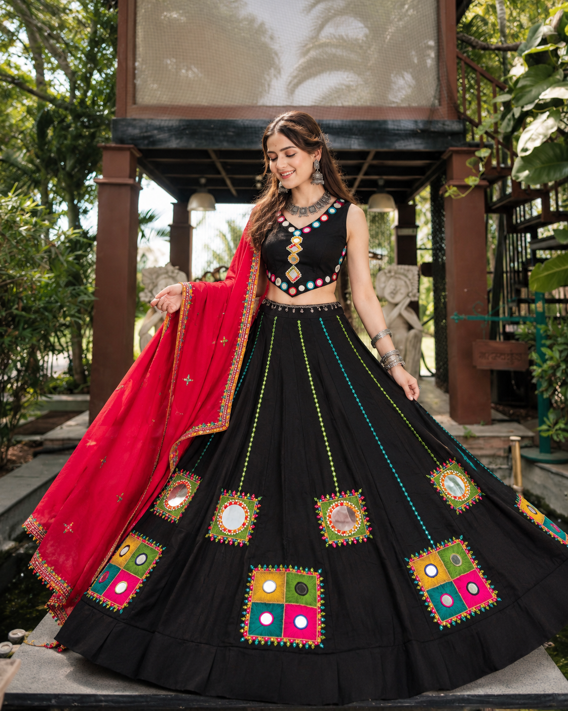 Black and Red Mirror Work Lehenga